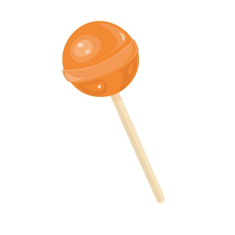 Round lollipop vector. Candy on stick flat vector. Sweet lollipop vector in cartoon style. Fruit taste. Orange.
