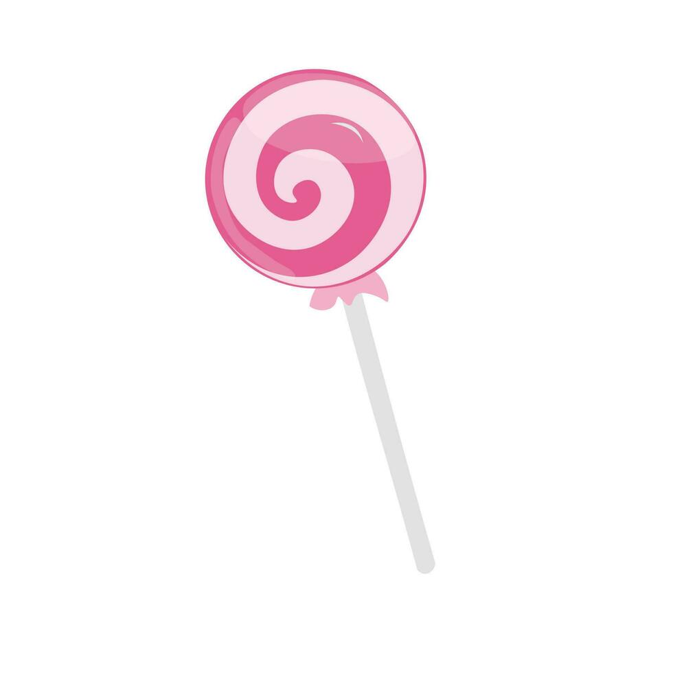 Lollipop candy vector illustration with various spiral and ray patterns. Sweet colorful lollipop candy on stick. Cartoon style. Flat vector isolated on white background. Pink candy.