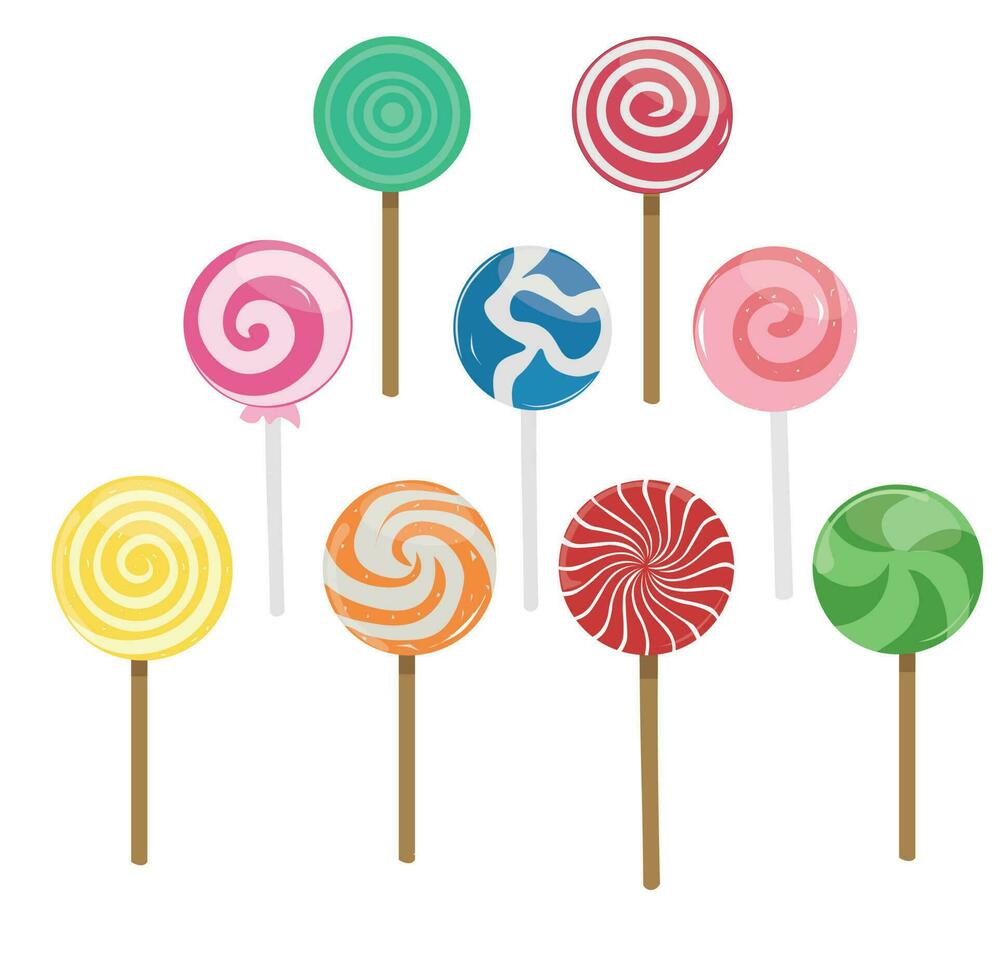 Lollipop candy vector illustration set with various spiral and ray patterns. Sweet colorful lollipop candy on stick. Cartoon style. Flat vector isolated on white background.