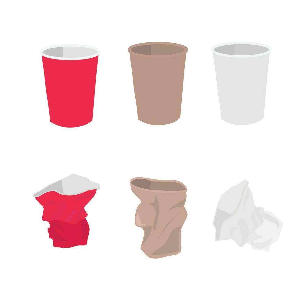 Paper cup vector set in different colors. Used paper cup set. Paper waste and garbage. Recyled waste.