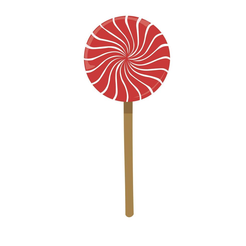 Lollipop candy vector illustration with various spiral and ray patterns. Sweet colorful lollipop candy on stick. Cartoon style. Flat vector isolated on white background. Strawberry taste. Red candy.