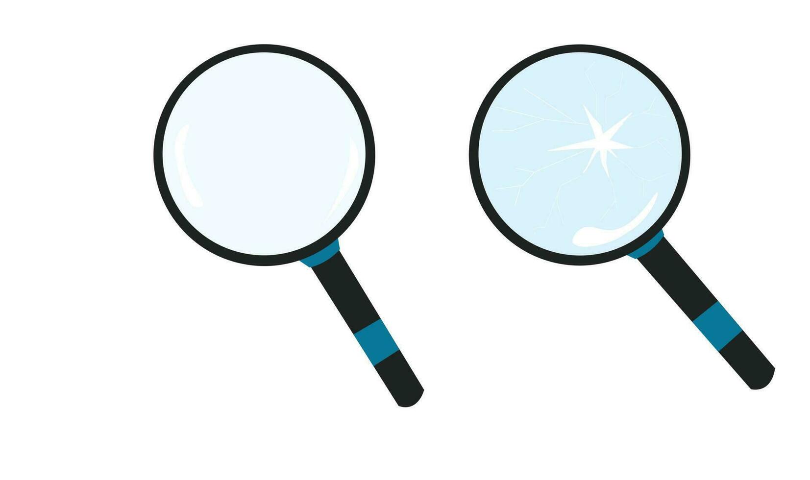 Magnifying glass flat vector set. Broken magnifying glass vector. Glass waste. Searching icon. Cartoon style.