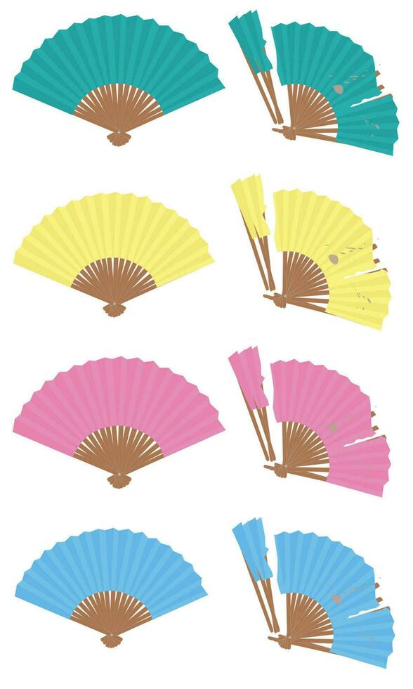 Hand paper folding fan vector set isolated on white background. Tranditional paper fan in diferent colors. Cooling tool. Souvenir item.