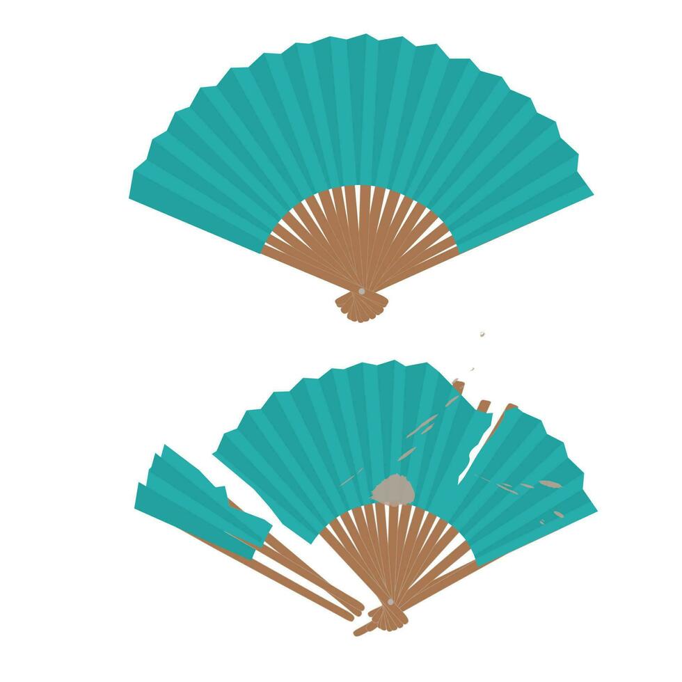 Hand paper folding fan vector set isolated on white background. Tranditional paper fan in green. Cooling tool. Souvenir item.