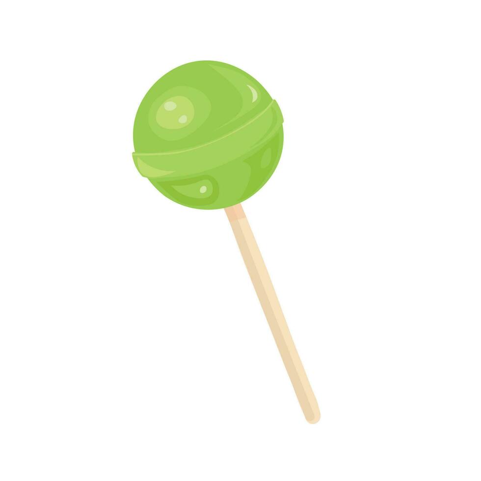 Round lollipop vector. Candy on stick flat vector. Sweet lollipop vector in cartoon style. Green. Fruit  taste.