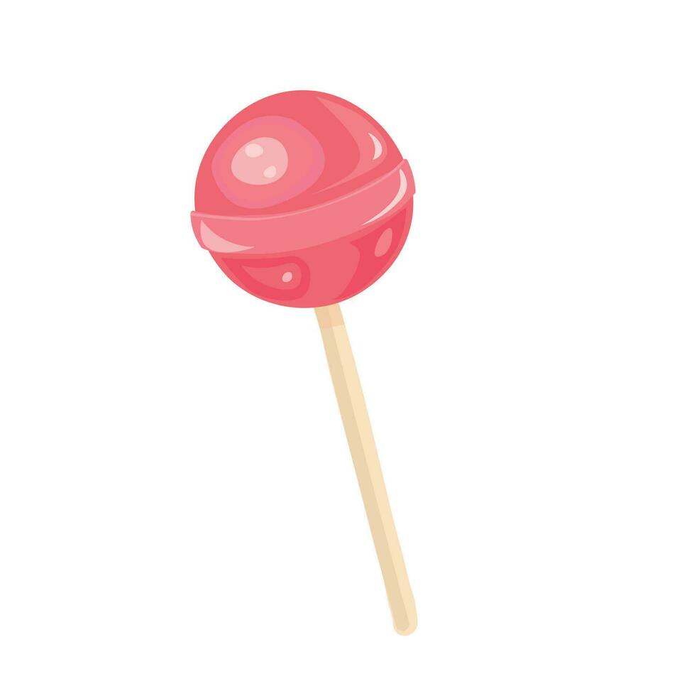 Round lollipop vector. Candy on stick flat vector. Sweet lollipop vector in cartoon style. Fruit taste. Pink.