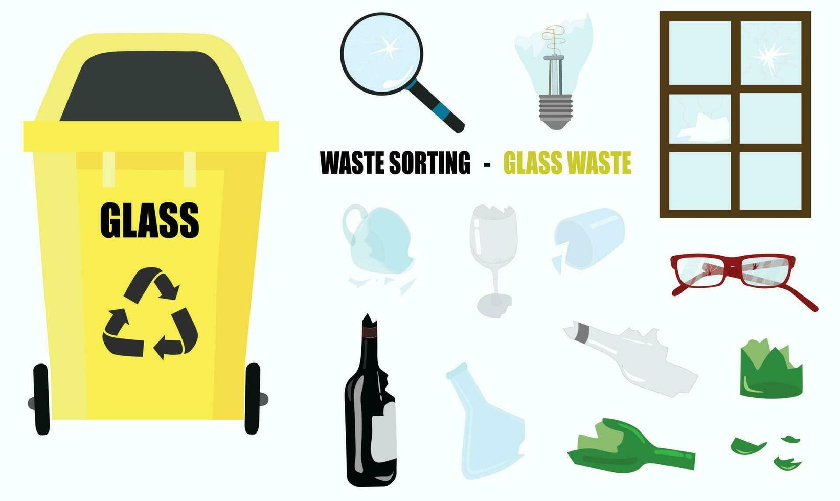 Glass waste vector set isolated on white background. Collection of recycled glass products. Recyclable glass garbage trash vector illustration. Cartoon style.