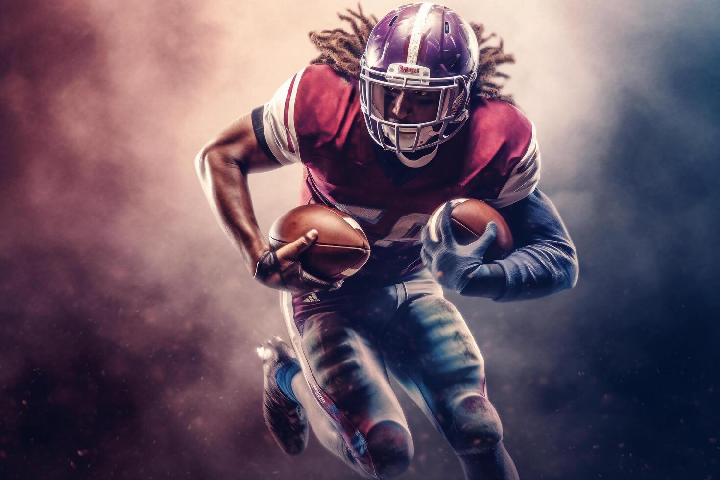 American football player in action on a dark smoky background with . photo