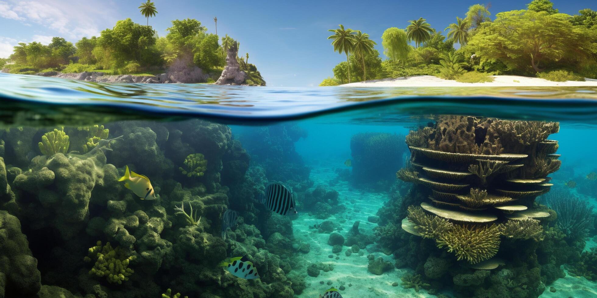 Underwater view of tropical island with coral reef and sandy beach with . photo