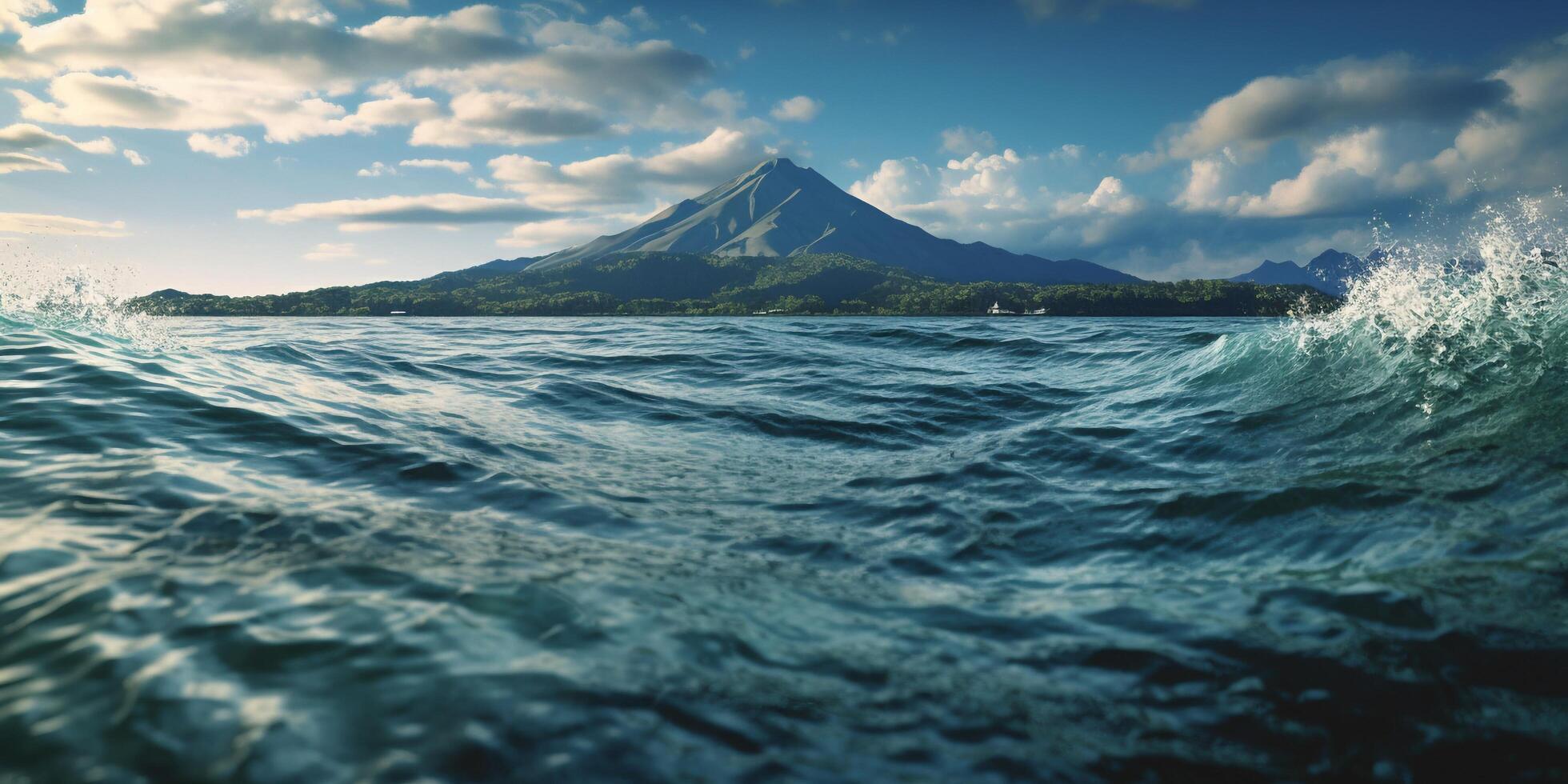 Wave on the surface of the lake and mountain with . photo