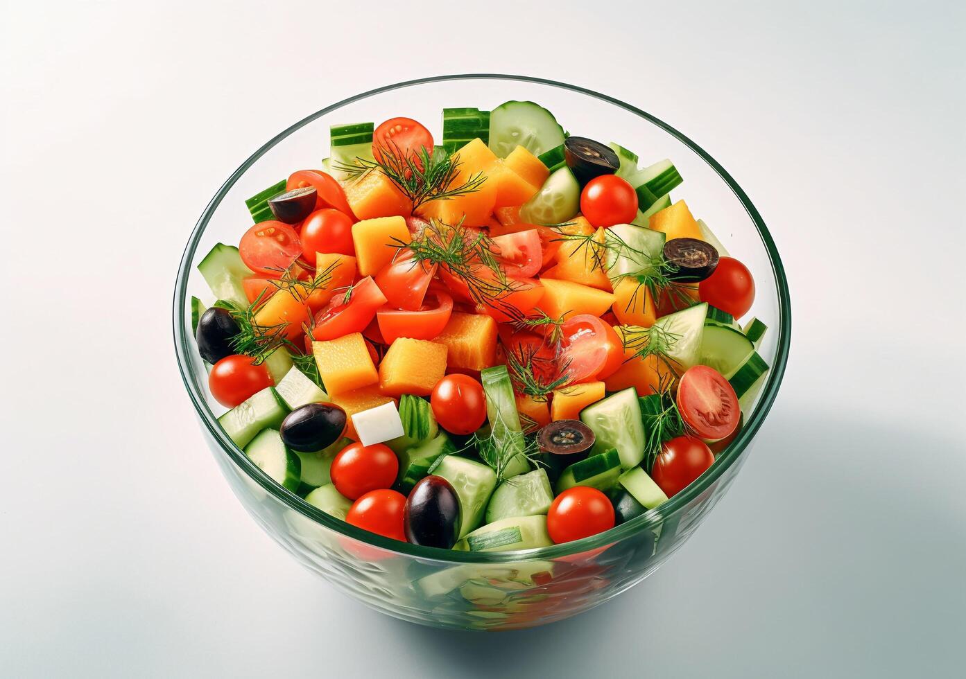 A glass bowl of salad with . photo