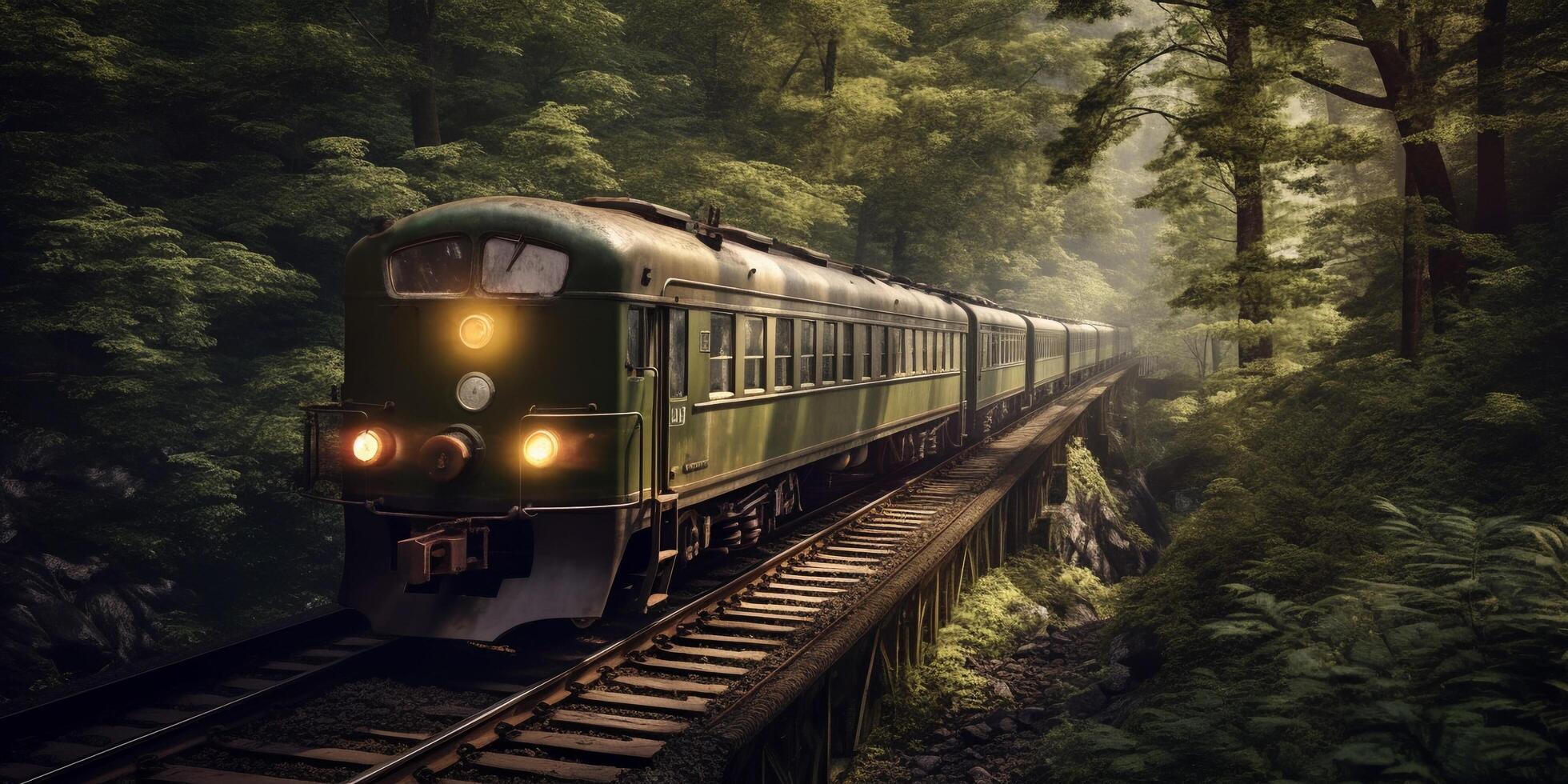 Vintage steam train in a foggy forest with . photo