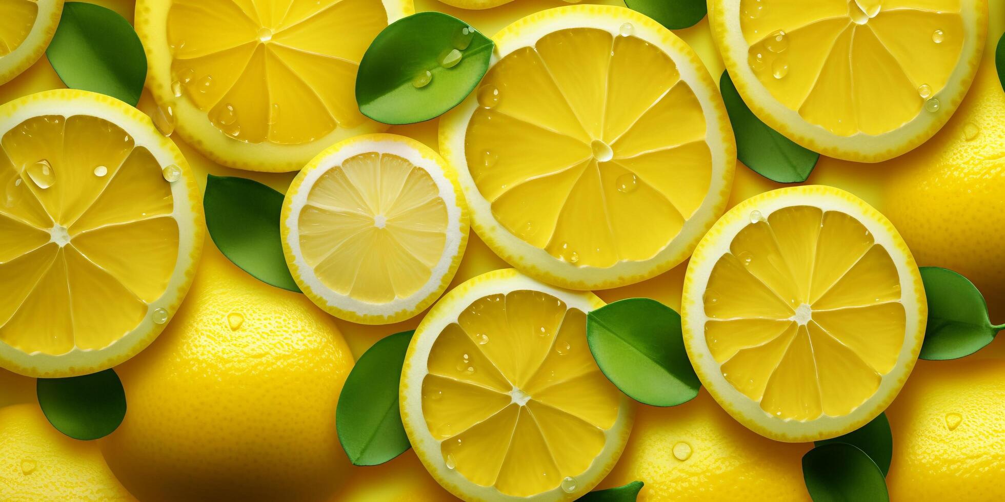 Lemon and lemon slices with leaves on yellow background, top view with . photo