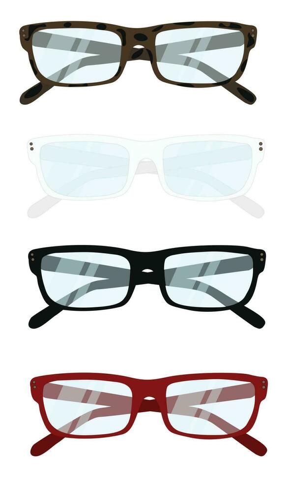 Eye glasses set vector. Glasses flat vector isolated on white background. Reading glasses set with different frame colors.