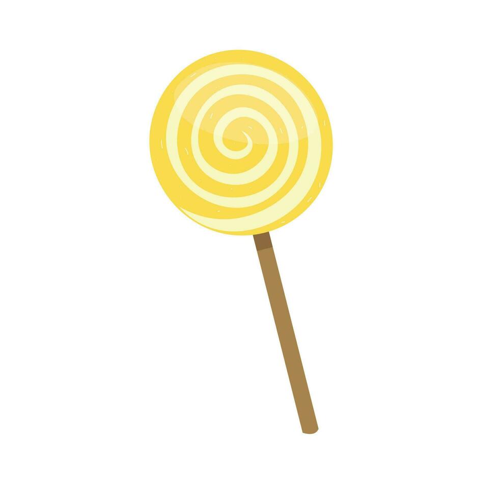 Lollipop candy vector illustration with various spiral and ray patterns. Sweet colorful lollipop candy on stick. Cartoon style. Flat vector isolated on white background. Yellow, lemon taste.