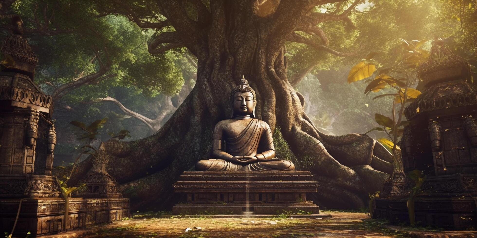 The ancient buddha statue in the forest with . photo