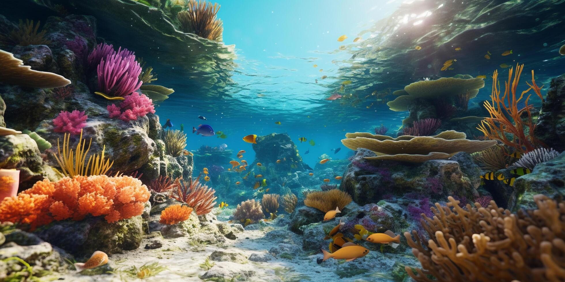 Wonderful and beautiful underwater world with corals and tropical fish with . photo