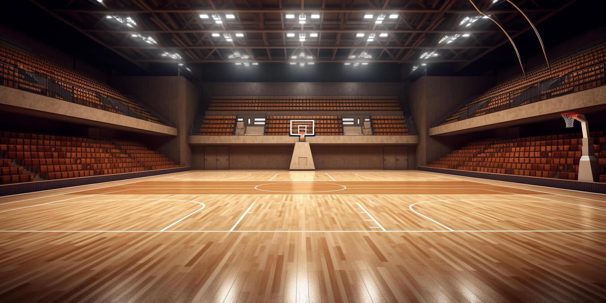Stadium basketball court with wood floor and bleachers with . photo