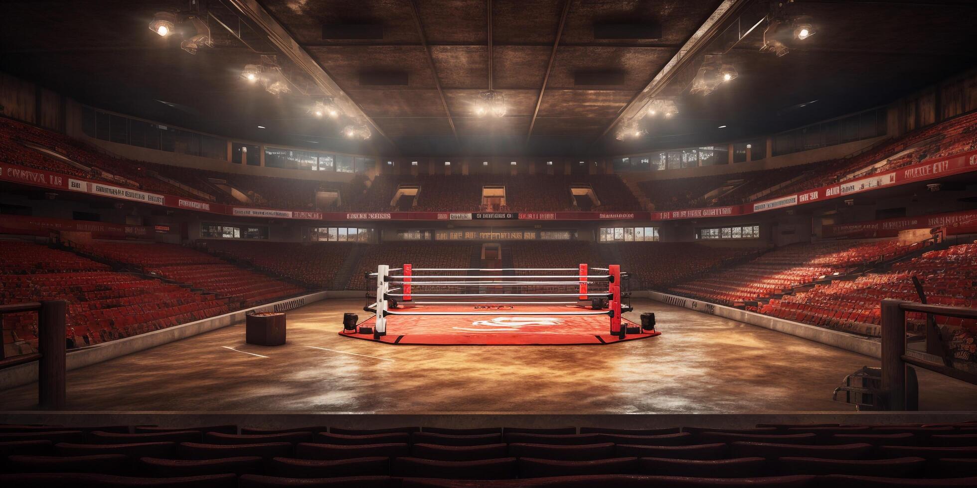 Red boxing ring in an empty arena with . photo