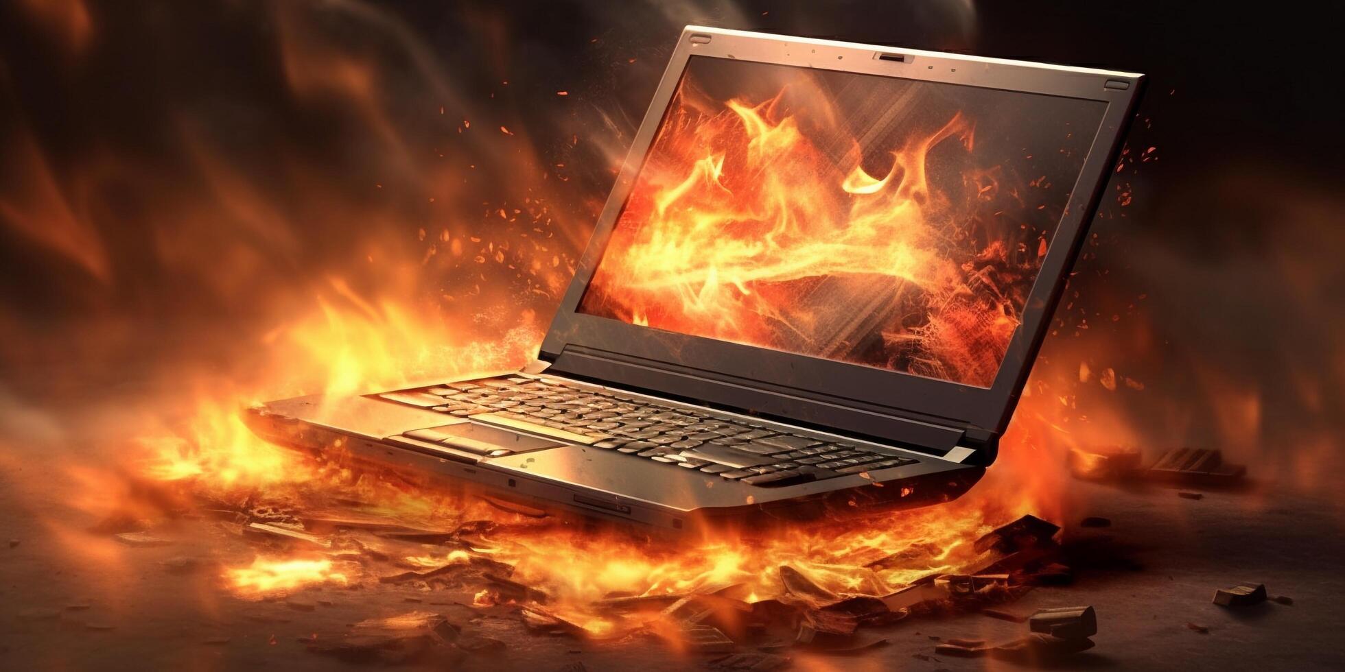 Laptop burning in flames on a dark background with . photo
