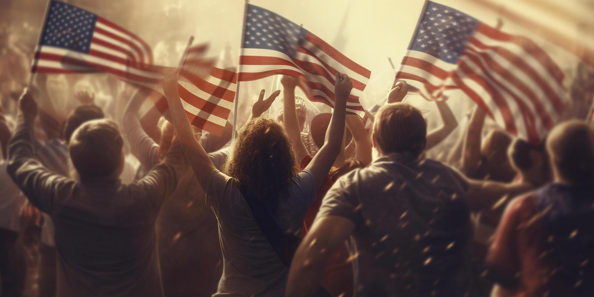 Crowd of people with american flag in the street with . photo