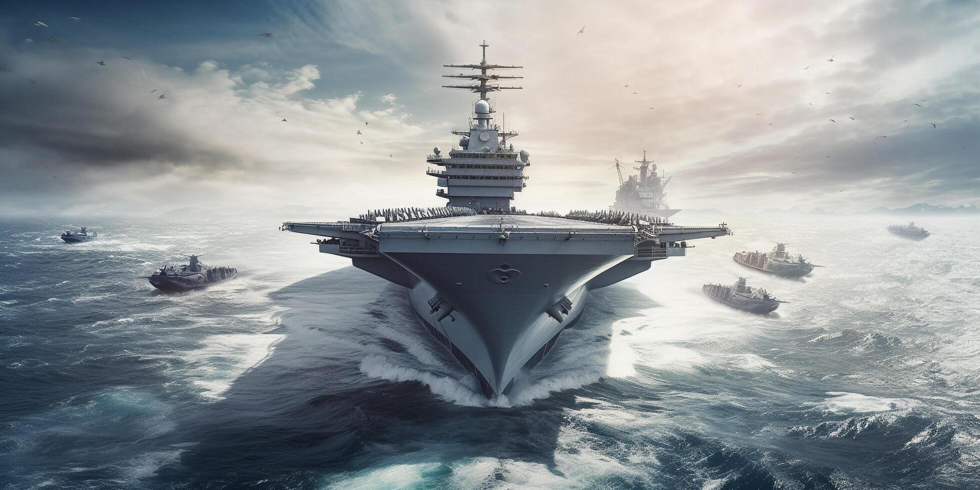 The panoramic view of a generic military aircraft carrier ship with . photo