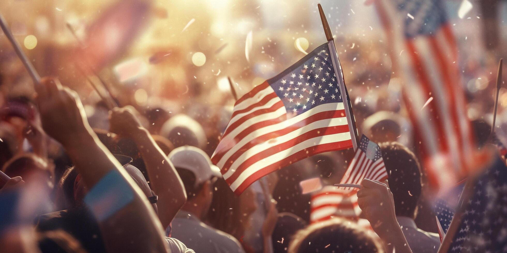 Crowd of people with american flag in the street with . photo