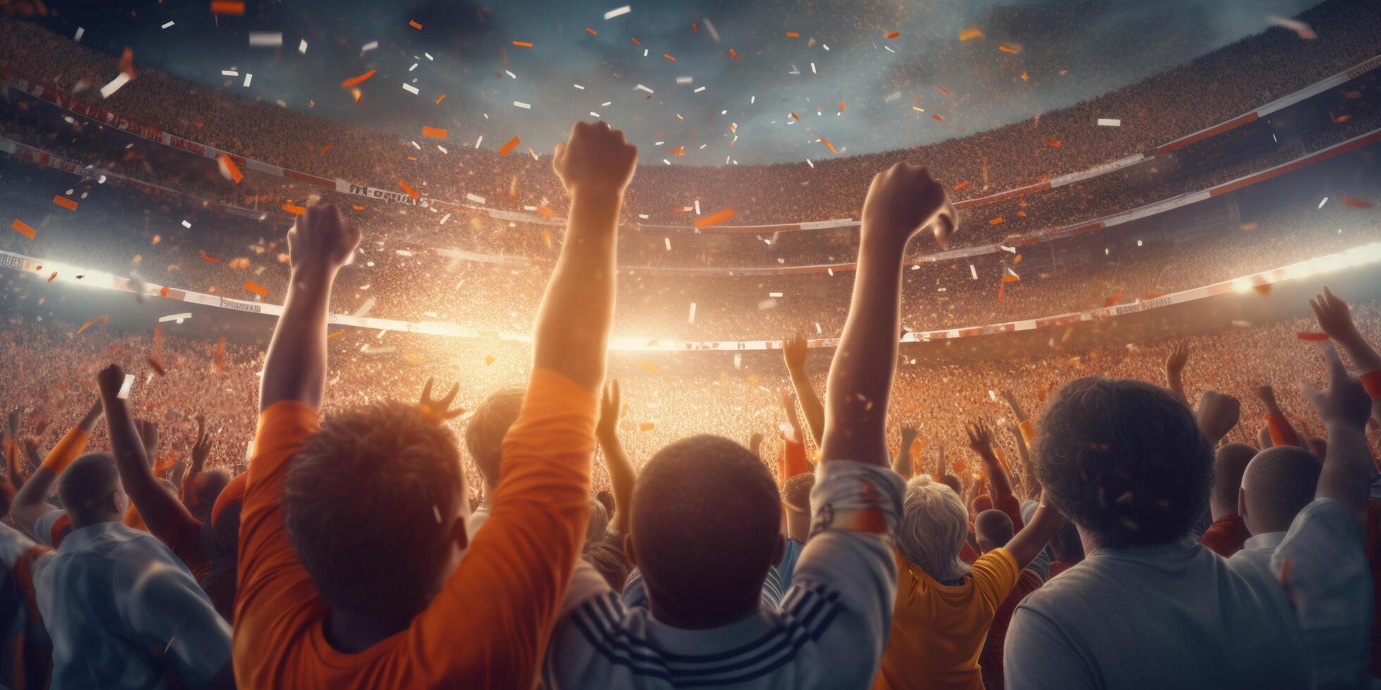 Football fans are watching football match in the stadium with . photo