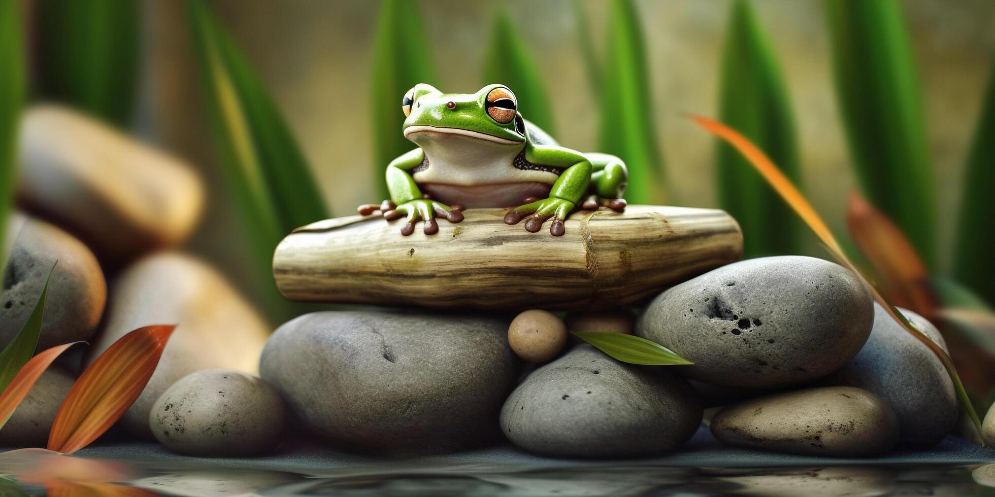 Green frog sitting on a stone on a green background with . photo