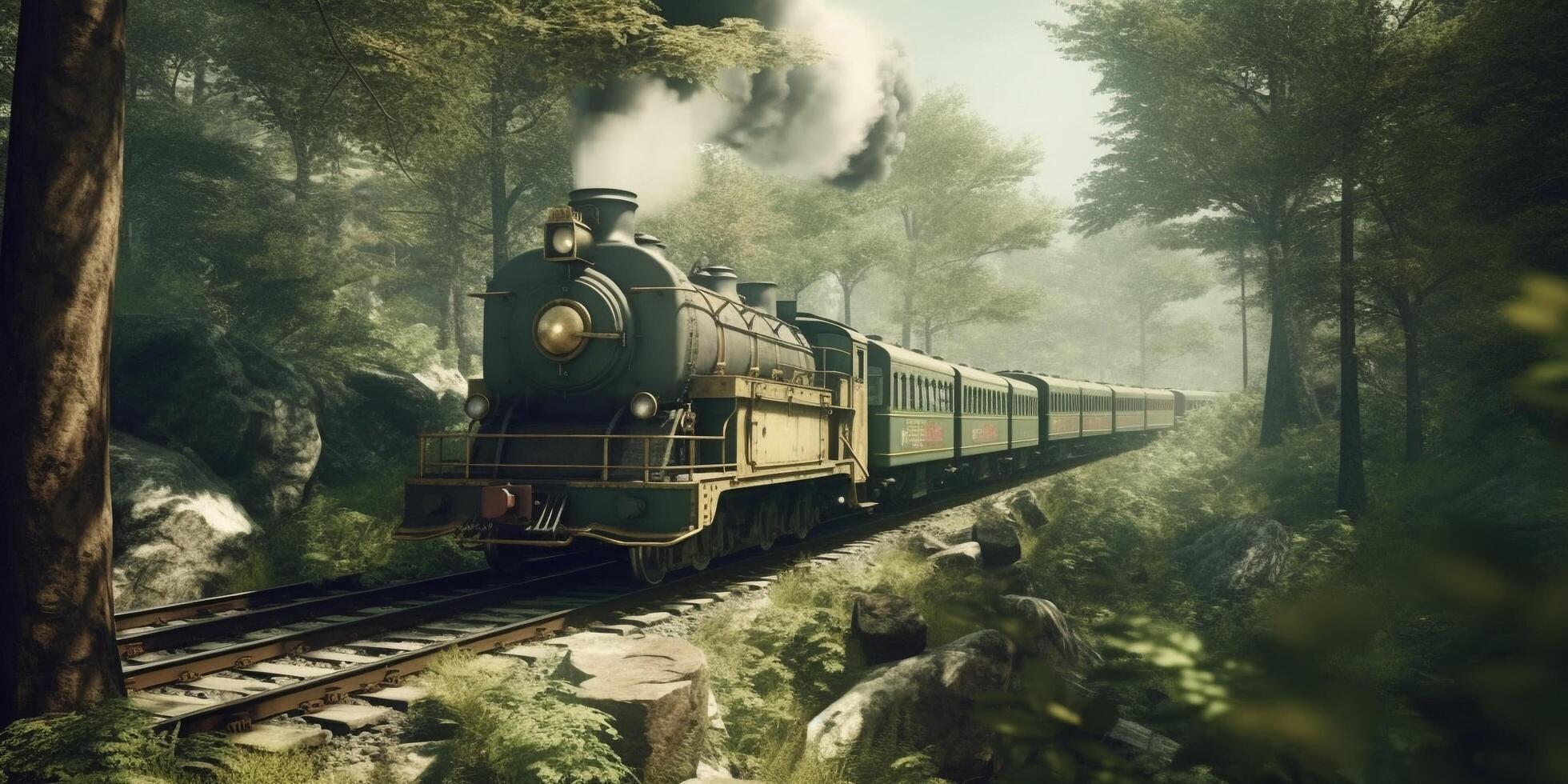 Vintage steam train in a foggy forest with . photo