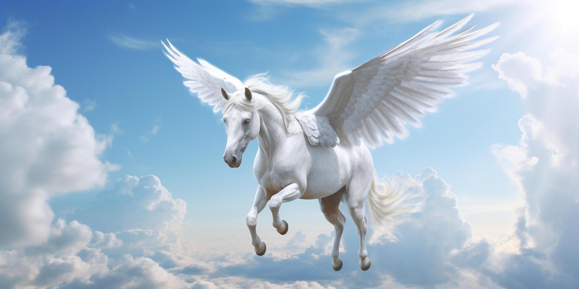 White horse with wings flying in the blue sky with . 23847337 Stock