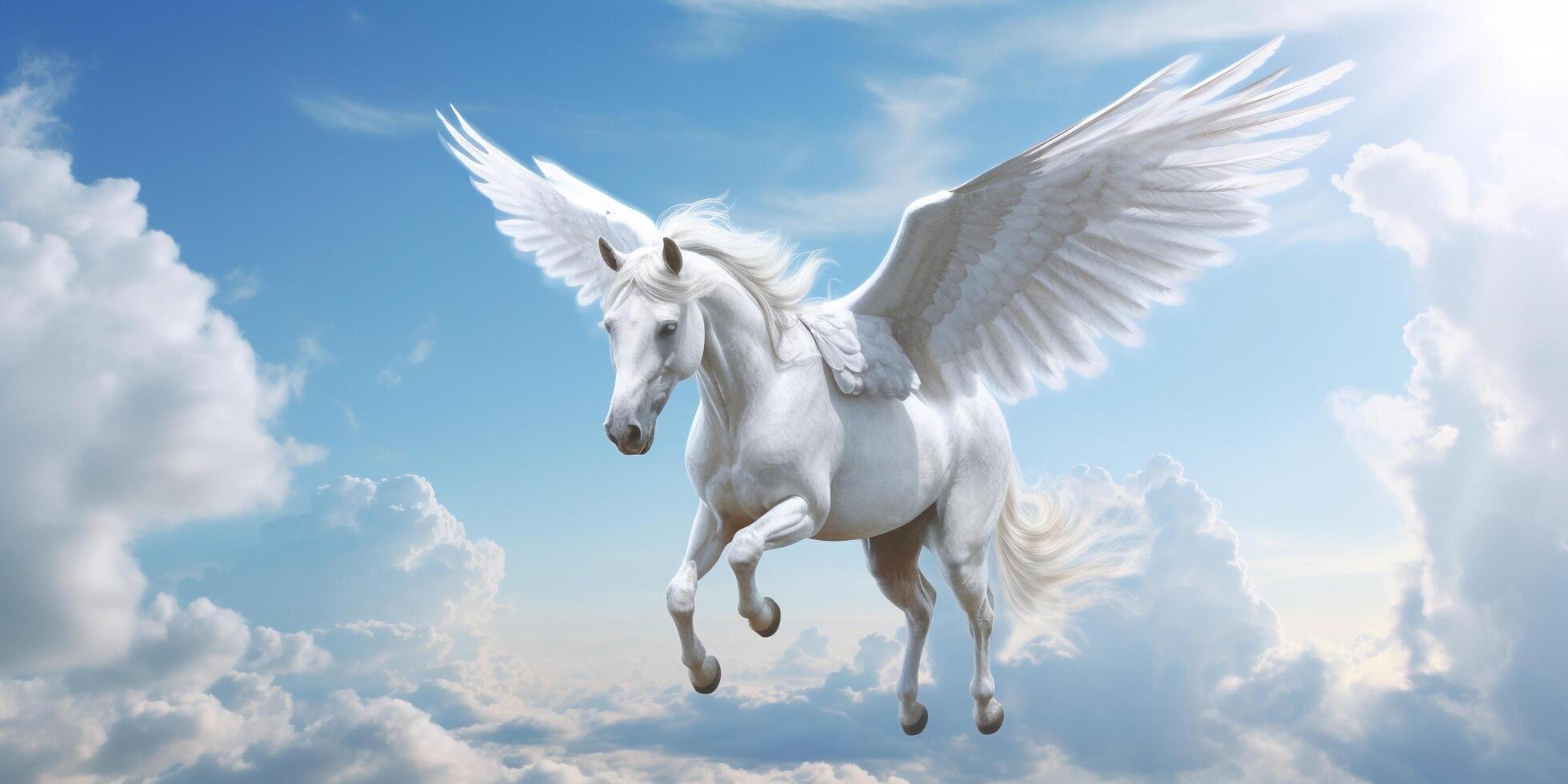 White horse with wings flying in the blue sky with . photo