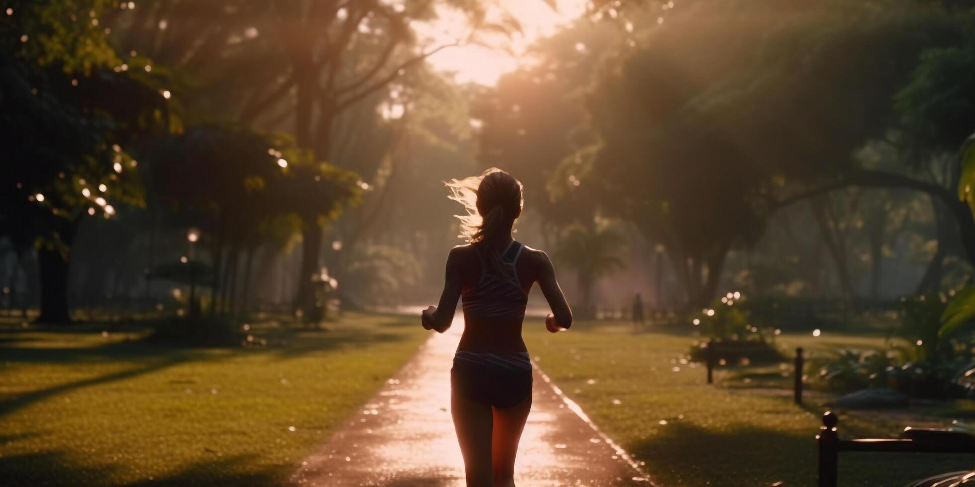 The runner is running on the park with . photo