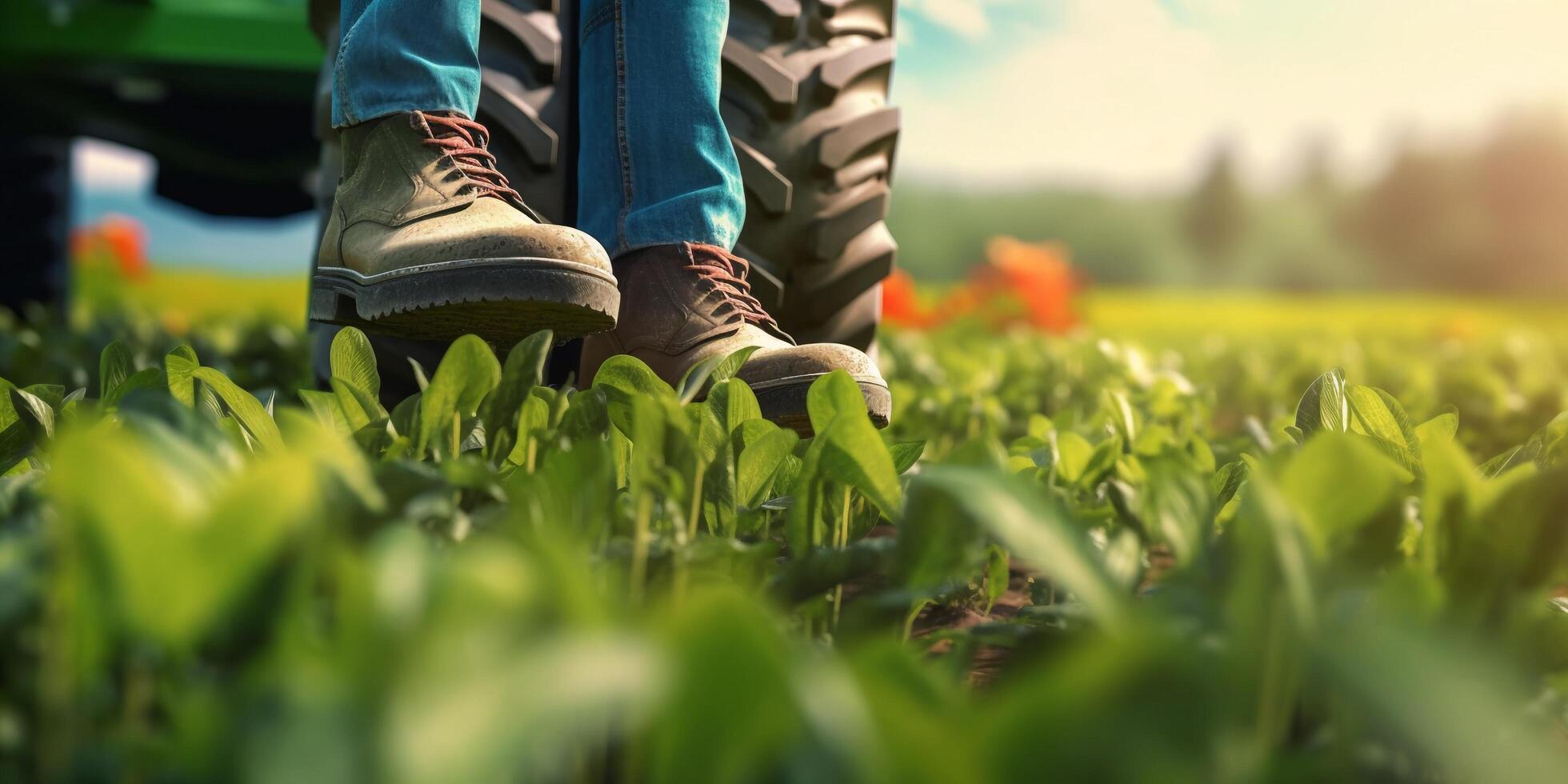 The closeup view of a farmer feed with rubber boots in the garden with . photo