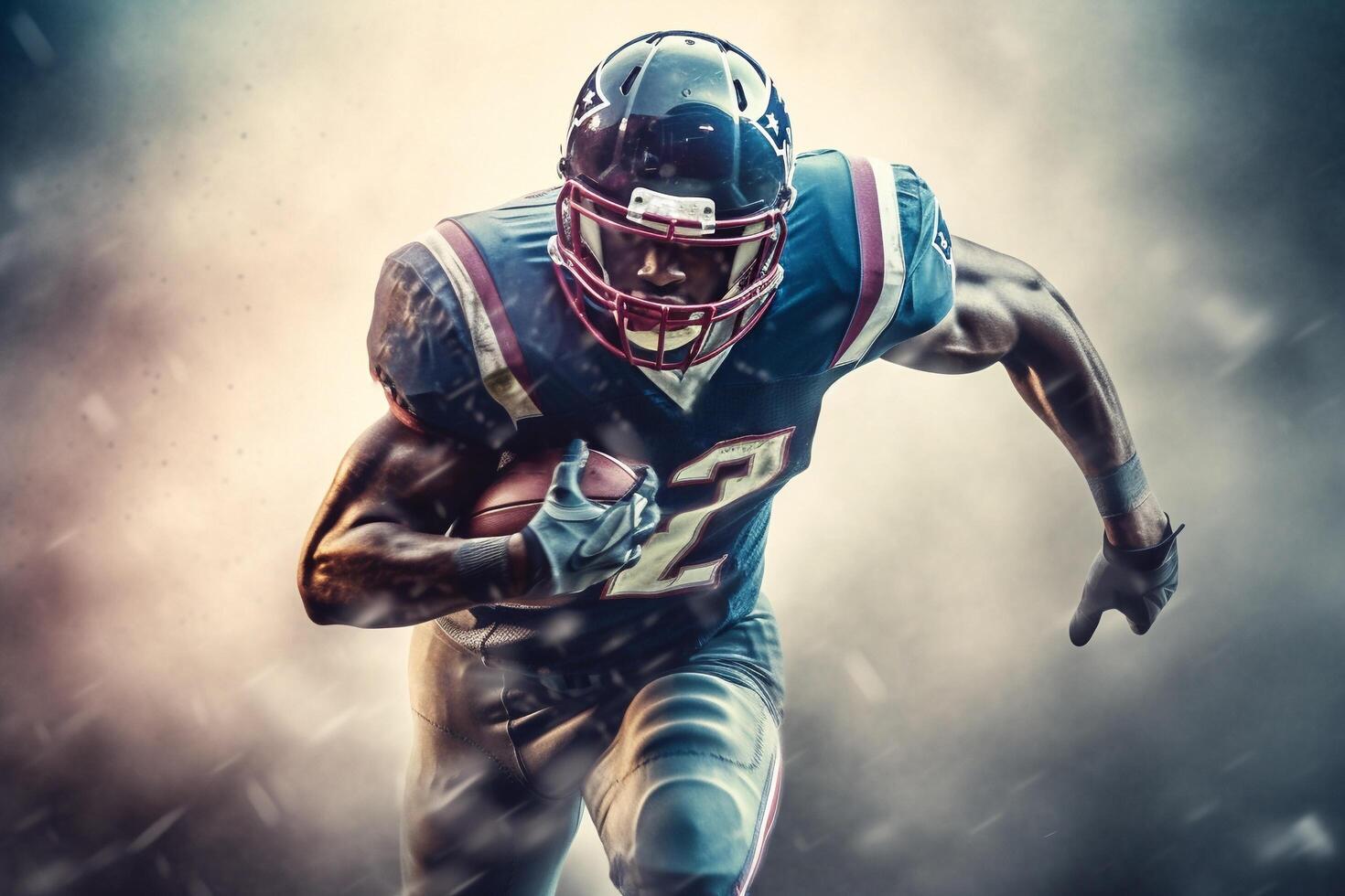 American football player in action on a dark smoky background with . photo