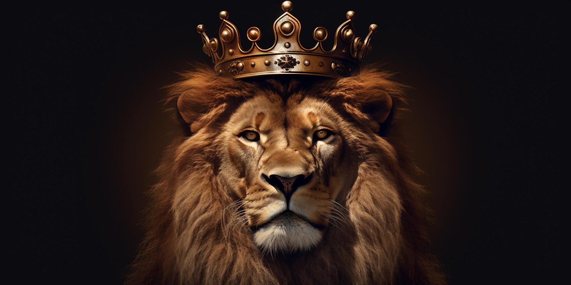 Lion king in a golden crown on a dark background with . photo