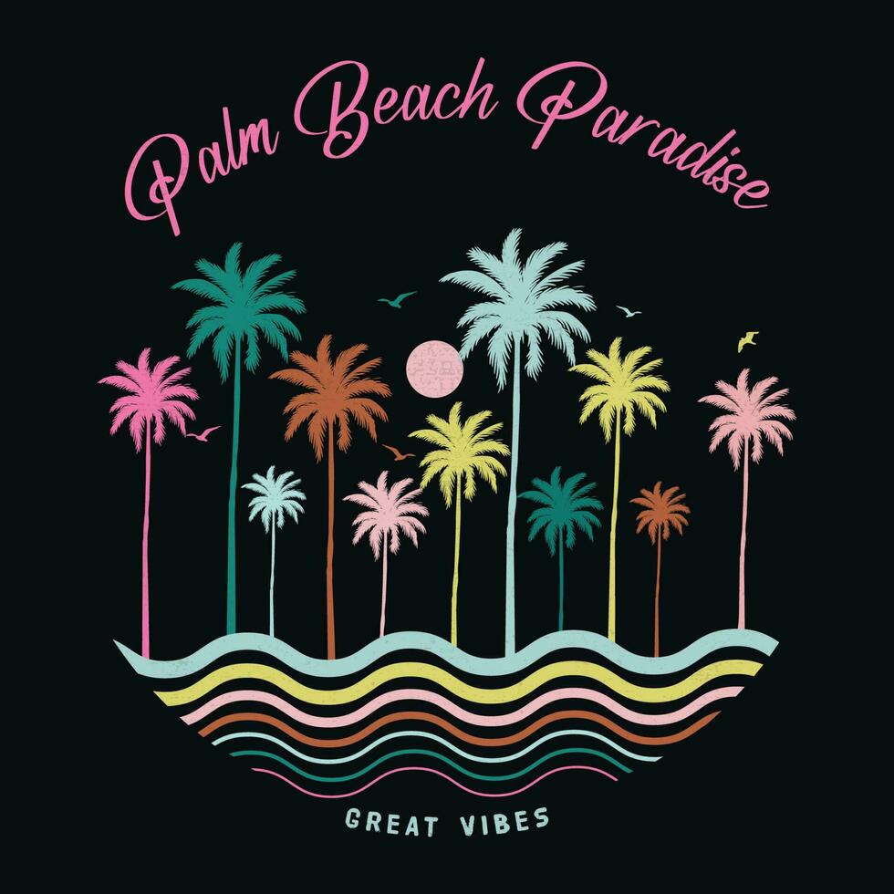 Palm Beach Paradise text with a waves illustration, for t-shirt prints, posters. Summer Beach Vector illustration. summer vibes hand draw, summer beach slogan with beach illustration, Hawaii