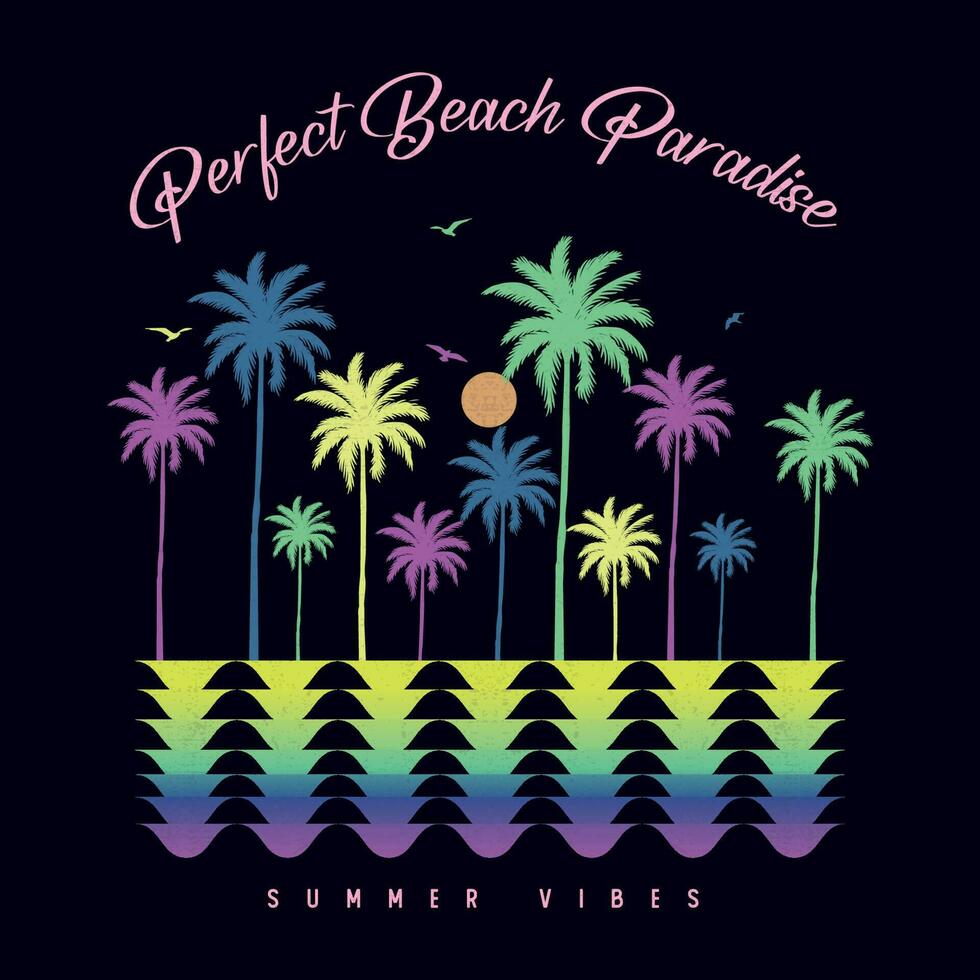 Perfect Palm Beach Paradise text with a waves illustration, for t-shirt prints, posters. Summer Beach Vector illustration. summer vibes hand draw, summer beach slogan with palm trees