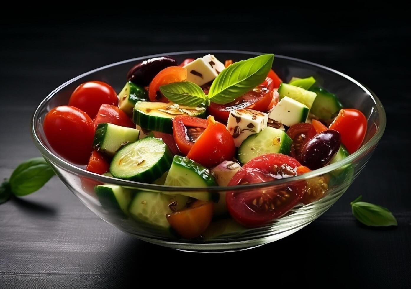 A glass bowl of salad with . photo
