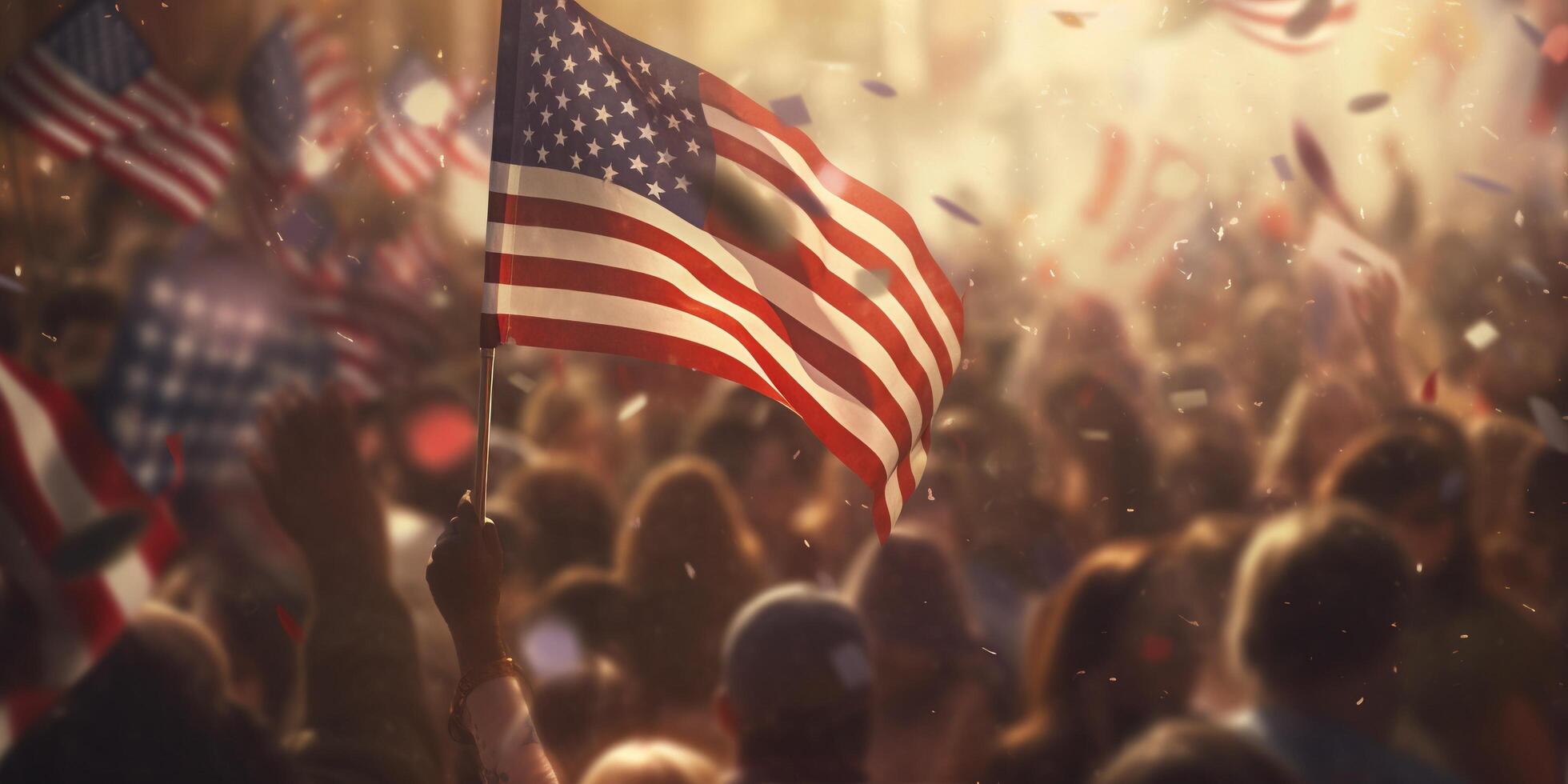 Crowd of people with american flag in the street with . photo