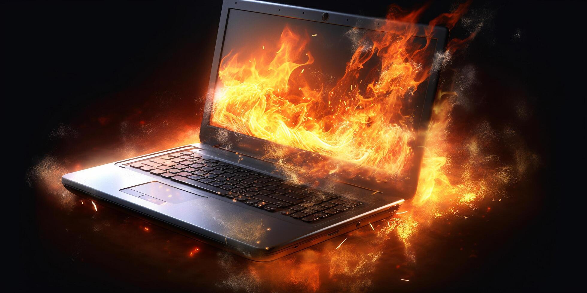 Laptop burning in flames on a dark background with . photo