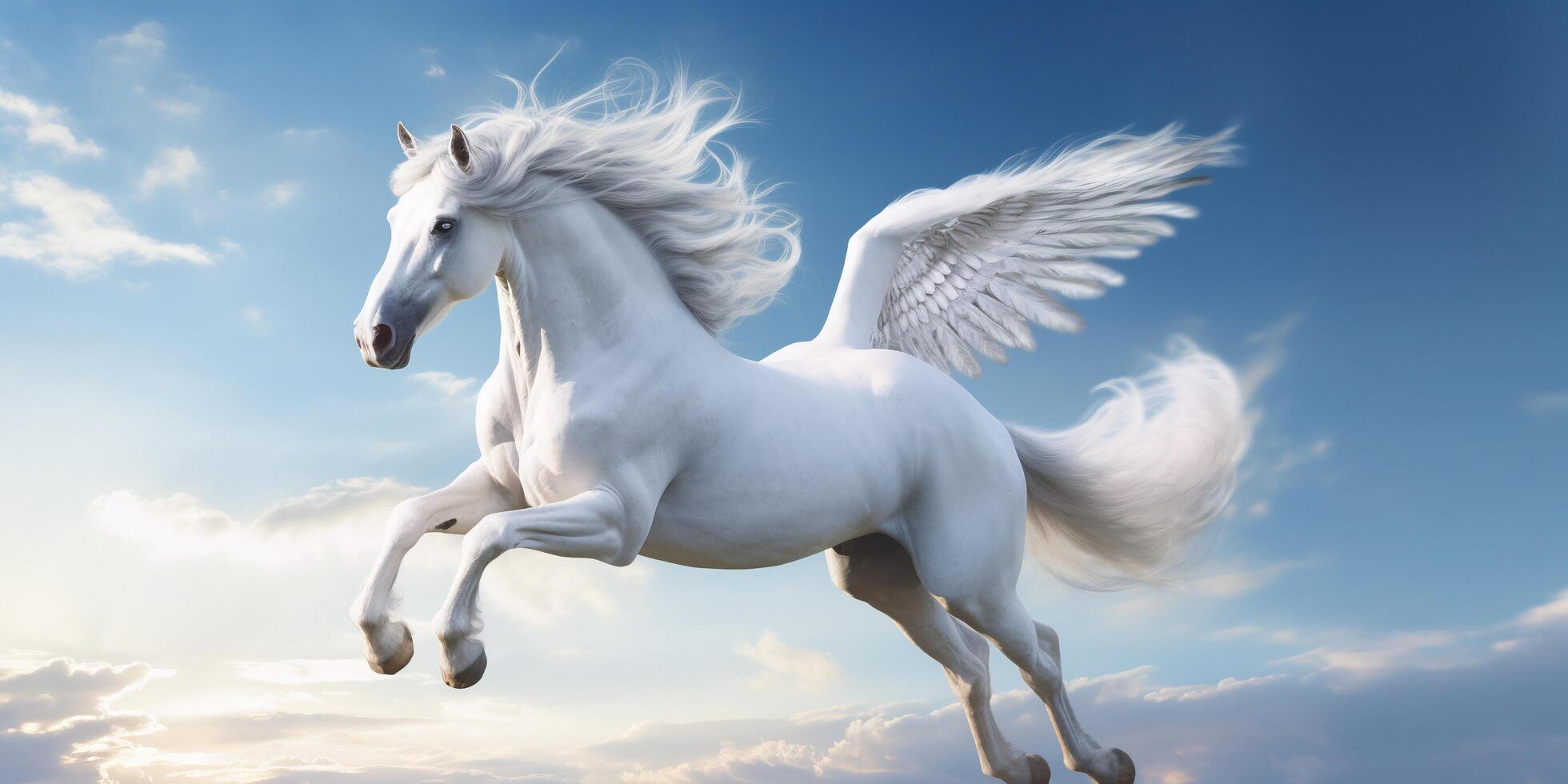 White horse with wings flying in the blue sky with . 23847410 Stock