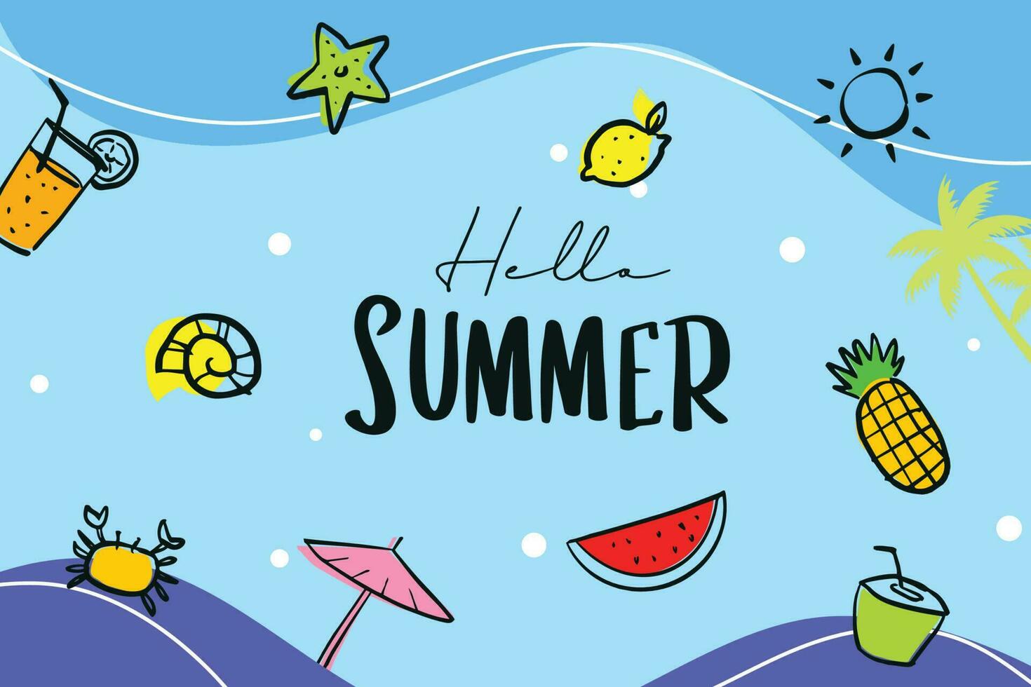Hello summer hand drawn style with decoration on blue background. vector