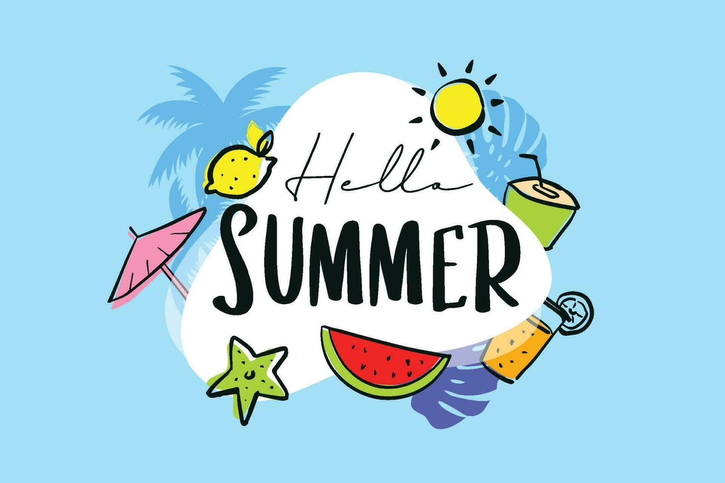 Hello summer hand drawn style with decoration on blue background. vector