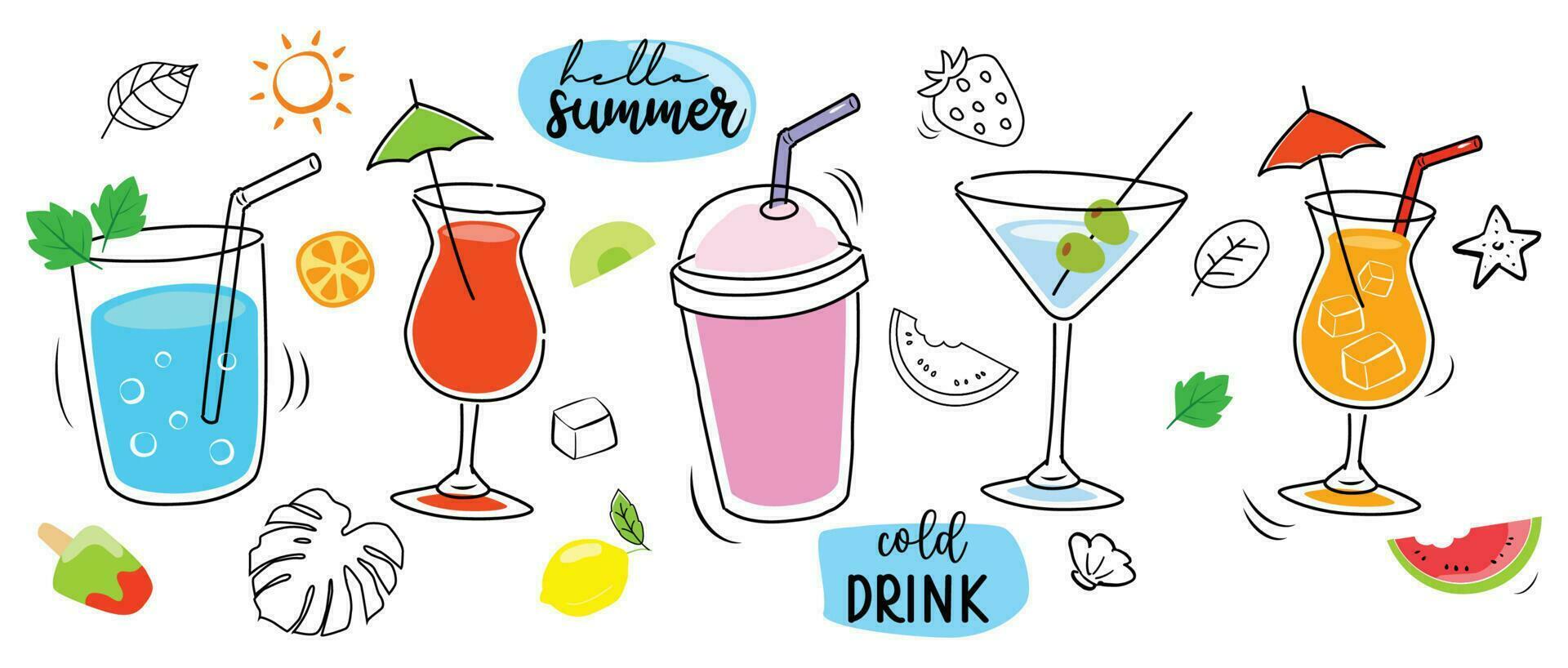 Tropical drinks summer set menu. Cold drinks with hand drawn illustration. Fruit smoothie, cocktails, alcoholic drinks. vector