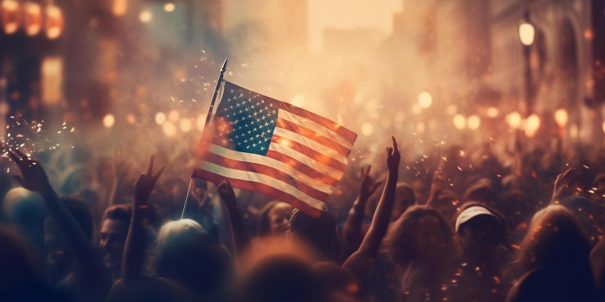 Crowd of people with american flag in the street with . photo