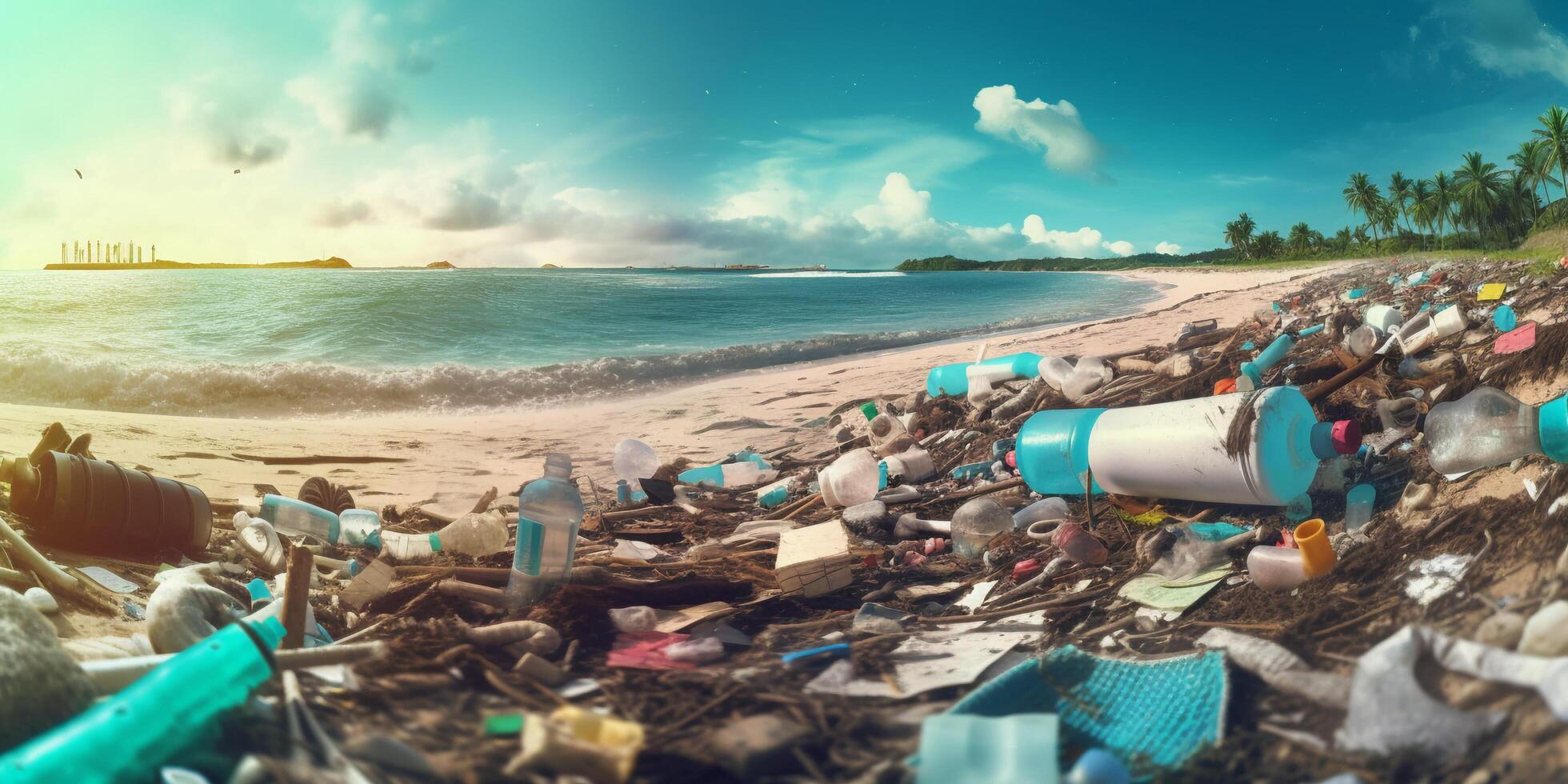 The beach is dirty and full of garbage with photo