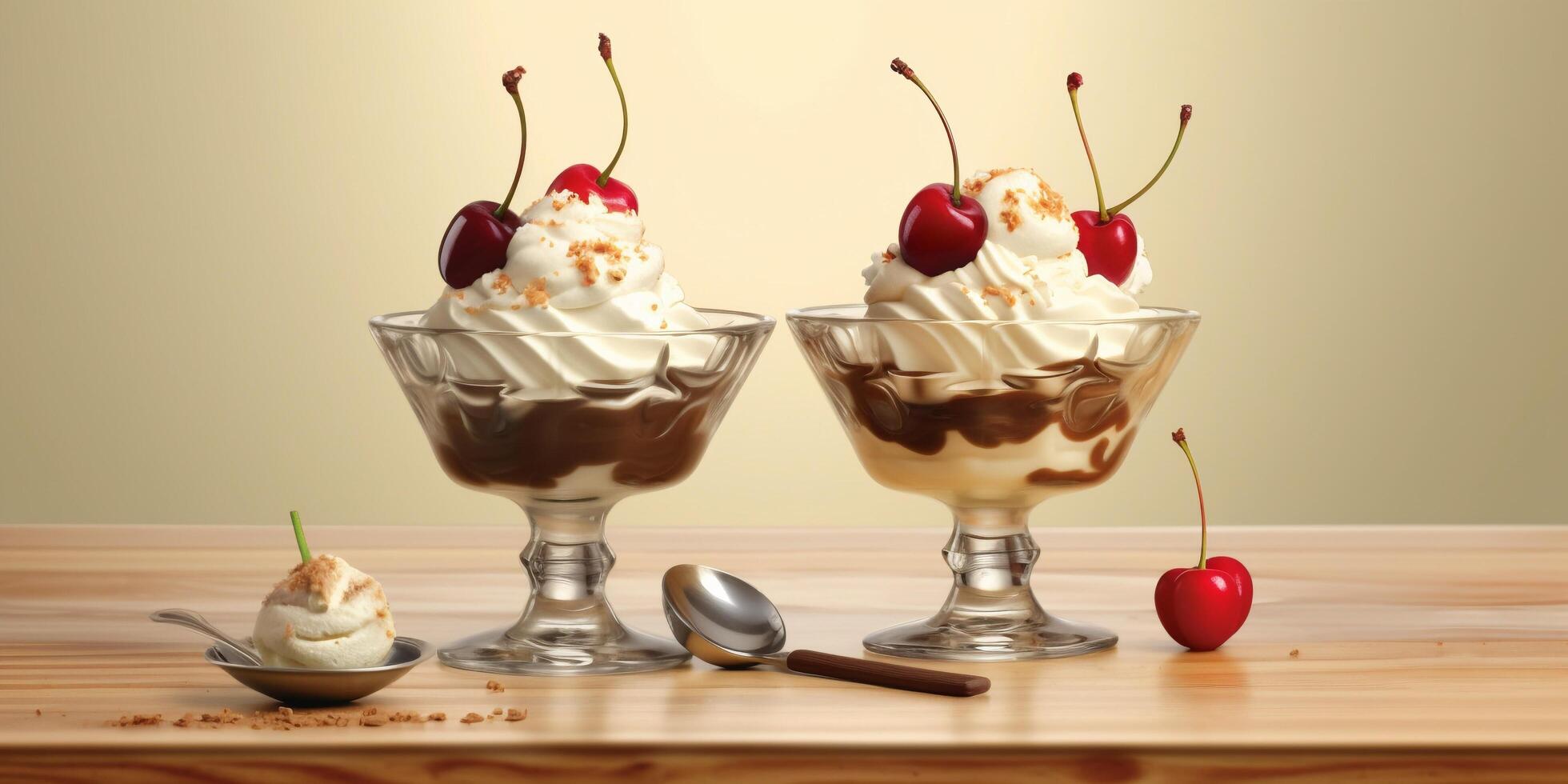 el taza de hielo crema helado con frutas y nueces es en el mesa con ai generado. foto