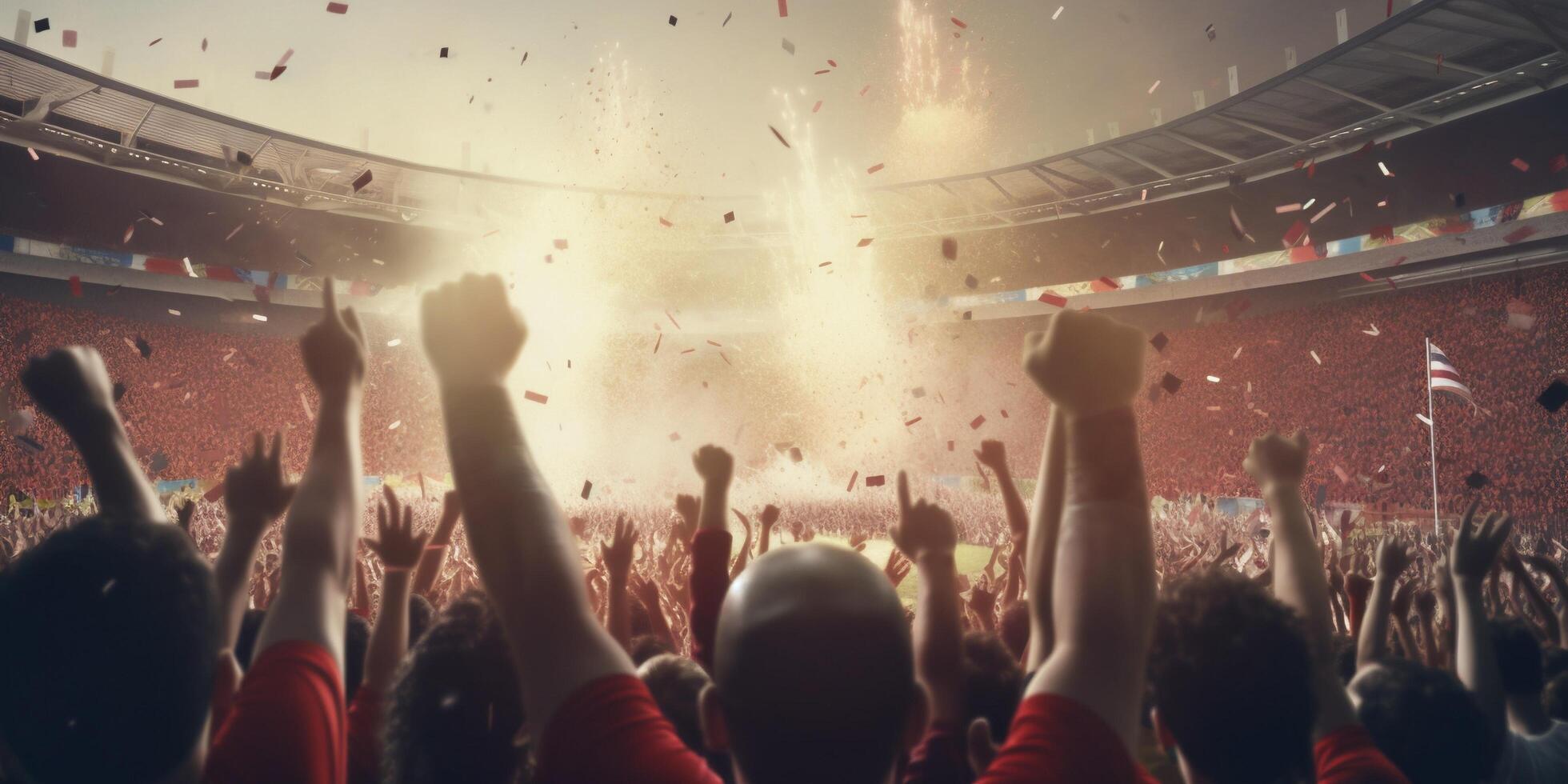 Football fans are watching football match in the stadium with . photo