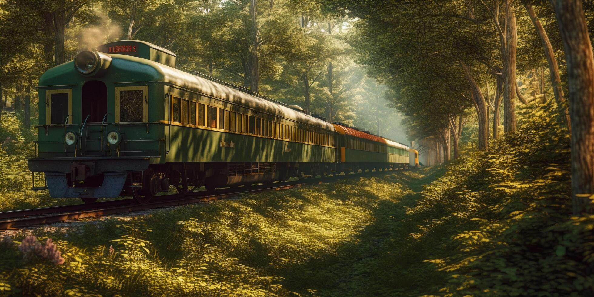 Vintage steam train in a foggy forest with . photo